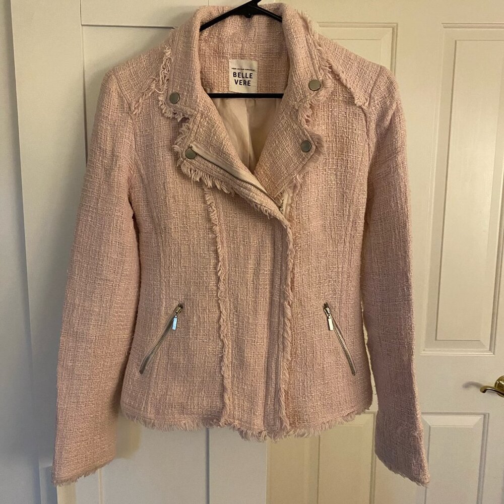 Belle Vere Women's Pink Tweed Fringe Trim Moto Blazer Jacket Size S
